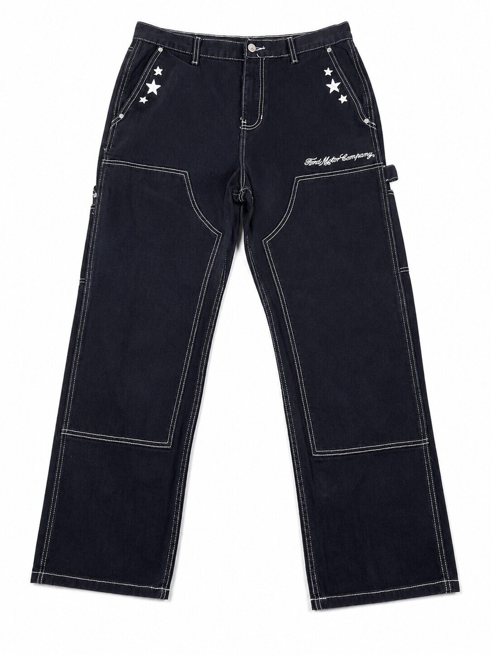 Ford Motor Double Knee Carpenter Pants 32x28 Wide Leg Work Jeans Black Stars USA